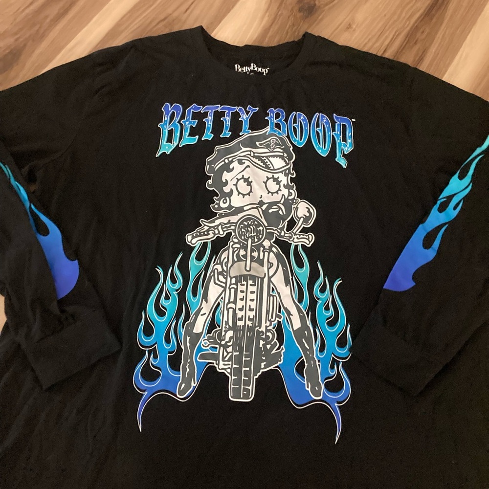 Unisex Betty Boop Blue Flame Motorcycle Long Sleeved Shirt Size 2XL